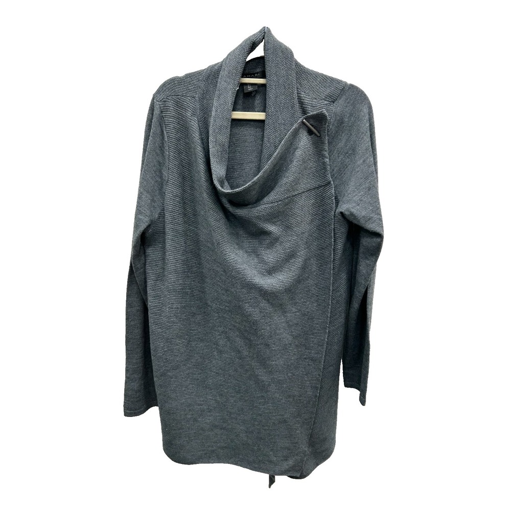 Tahari Womens L Gray Merino Wool Blend Drape Lagenlook Artsy Boho Sweater